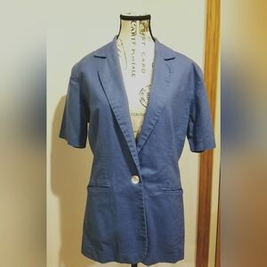 Willow Ridge Blue Linen Short Sleeve Collared Button Jacket Blazer 10 Vintage